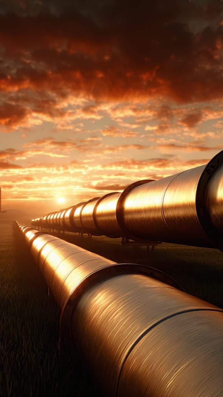 Un atardecer sereno sobre tuberías metálicas alineadas: un viaje atmosférico a través del paisaje industrial que refleja tonos cálidos y cielos majestuosos.