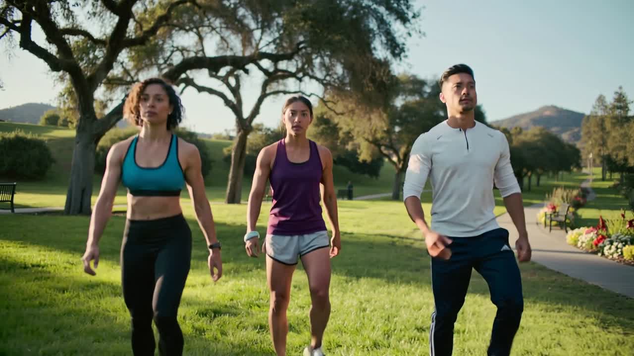 Tres personas con ropa de ejercicio comienzan a calentar, caminando hacia la cámara en un parque, con un reloj inteligente.