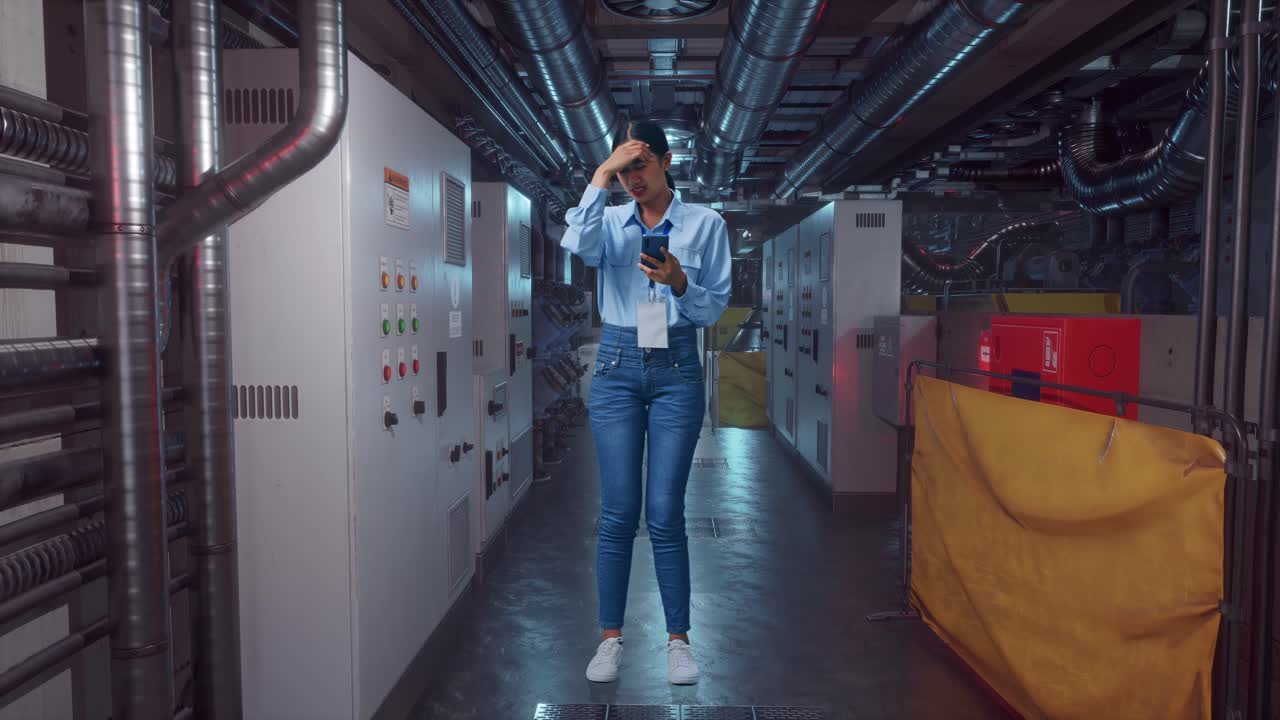 Full Body Of An Asian Female Professional Worker Standing With Her Smarphone In Engine Control Room, She Is Nodding Her Shead With Dissapionted