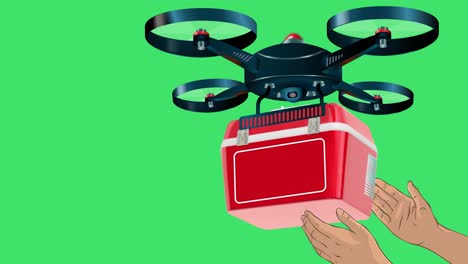 a drone delivering a red supplies box and a person's hands are shown receiving the package on a green background that can be customized as per your preference