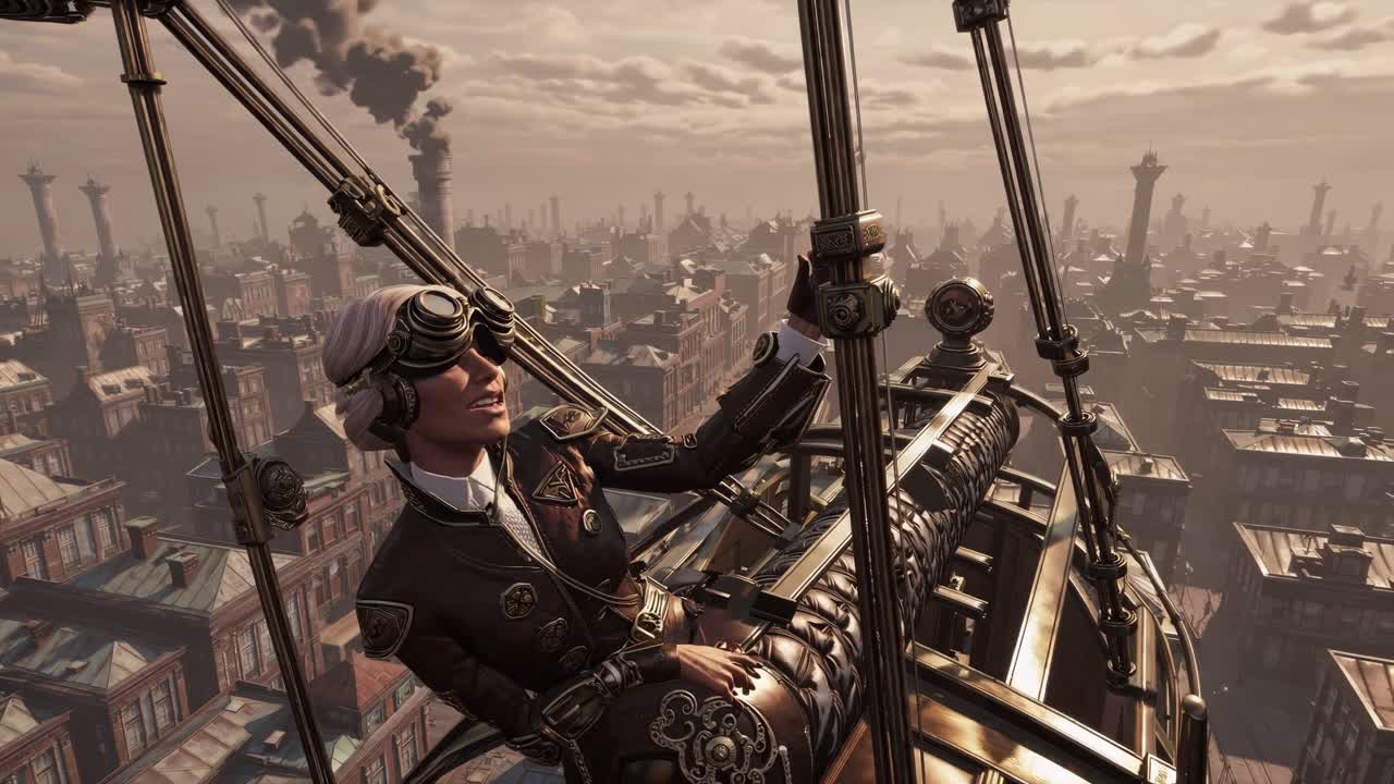 도시 위의 스팀크 항공기 조종사