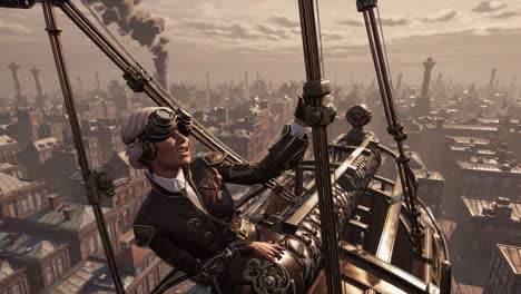 piloto de aeronave steampunk por encima de una ciudad
