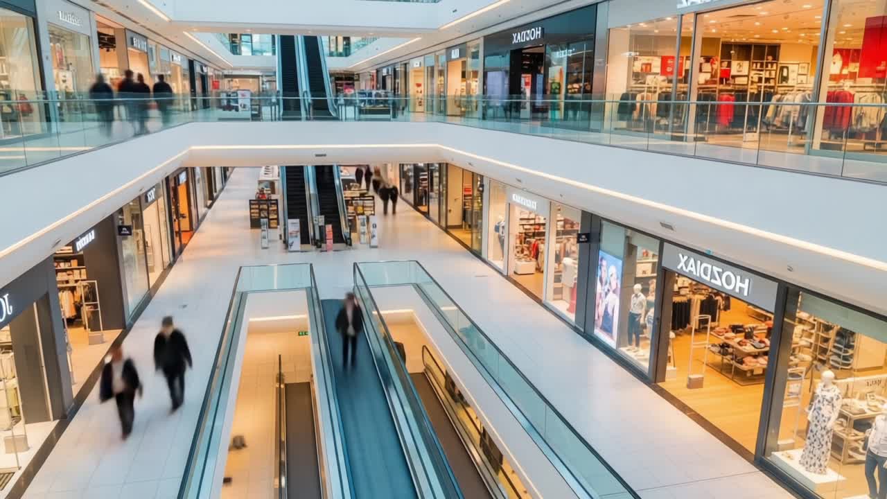 A Dynamic Shopping Experience: Capturing the Essence of a Modern Mall with Escalators and Busy Shoppers in Motion