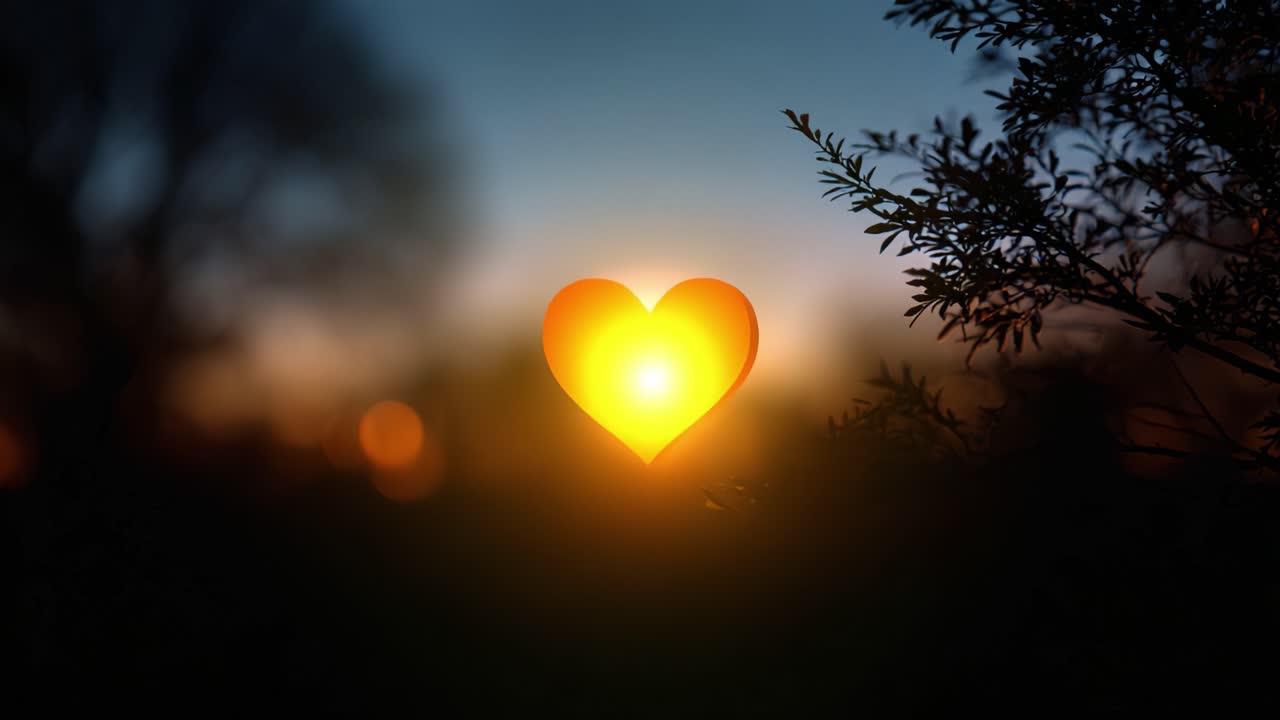 A Glowing Heart Shape Illuminated by a Warm Sunset in the Background, Surrounded by Silhouetted Foliage and a Dreamy Atmosphere of Peace and Love