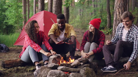 friends enjoying a campfire in the forest