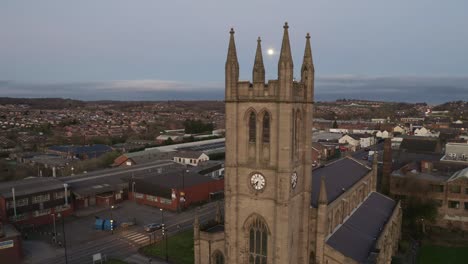 aerial view of st jame's church in the midlands, christian, roman catholic religious orthodox building in a mainly muslim area of stoke on trent in staffordshire, city of culture