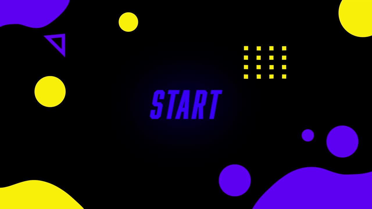 Animazione di banner di testo "start" su forme astratte gialle e blu contro sfondo nero