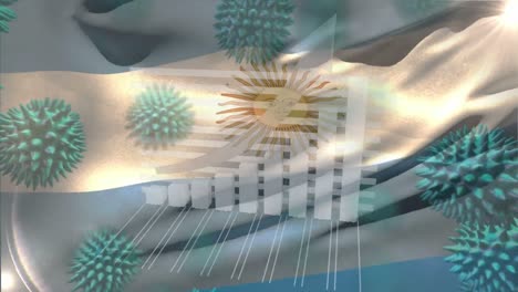 Makro-Corona-Virus-Breitet-Sich-Aus,-Im-Hintergrund-Weht-Die-Argentinische-Flagge