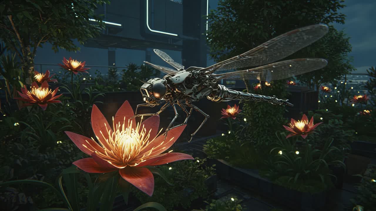 A Futuristic Robotic Dragonfly Interacting with Bioluminescent Flowers in a Lush Urban Garden Environment, Showcasing the Harmony of Nature and Technology