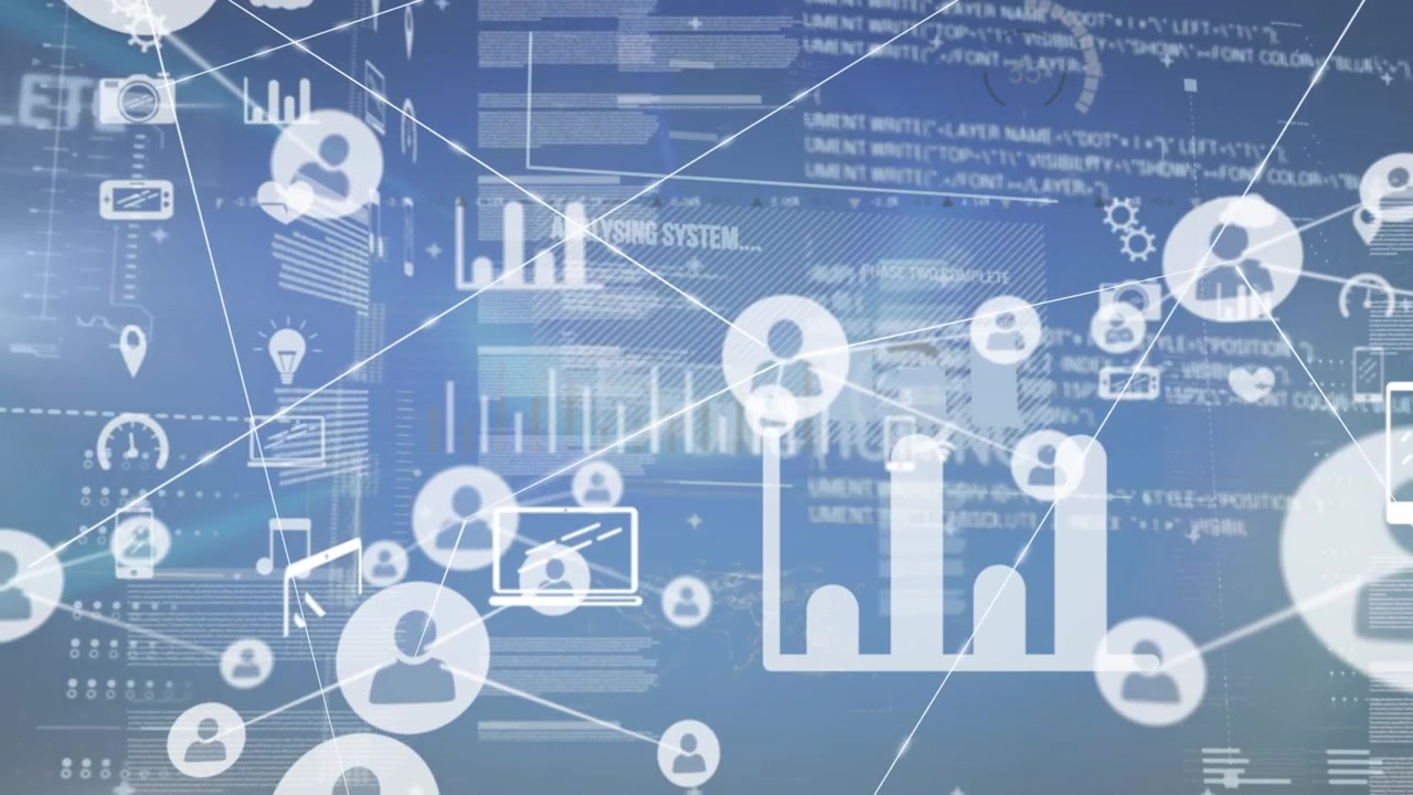 Animation of network of connections with icons over data processing on blue background
