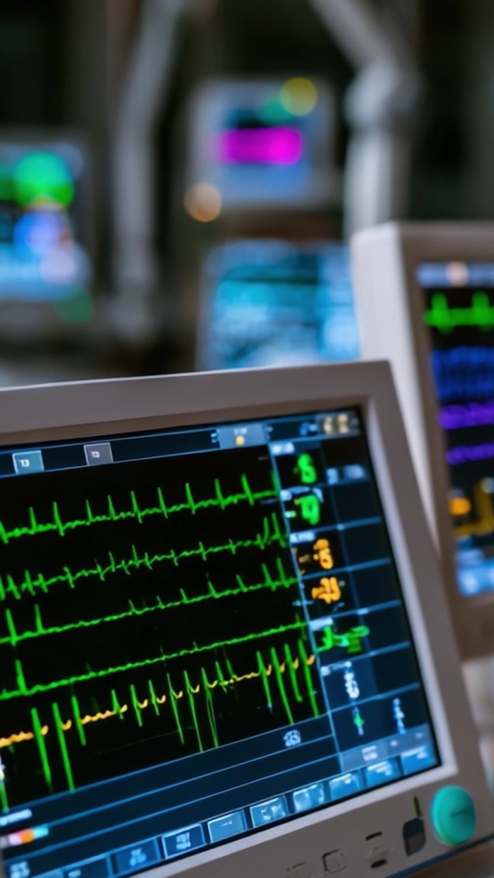 Vista ravvicinata di monitor medici avanzati che mostrano segni vitali e letture ECG in un contesto sanitario, dimostrando la tecnologia di monitoraggio del paziente e l'innovazione sanitaria.