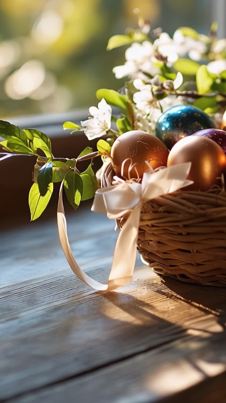 A Beautiful Easter Basket Filled with Colorful Eggs and Fresh Blossoms Resting on a Wooden Table in Soft Natural Light, Celebrating Spring's Arrival