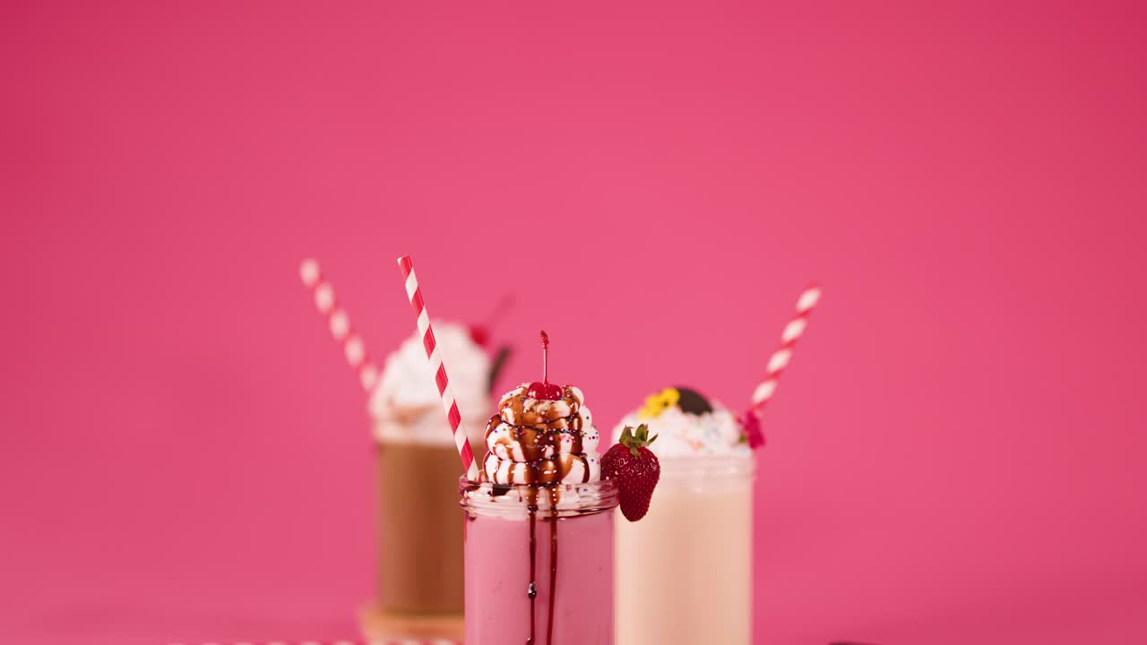 Three colorful milkshakes with toppings, surrounded by fruit and sweets, under bright studio lighting