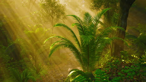 sunlight filtering through foliage in a lush green rainforest at dawn