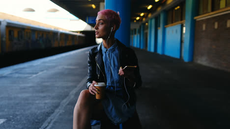 pink hair woman listening music on mobile phone 4k