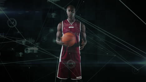 Holding-basketball,-athlete-surrounded-by-data-processing-graphics-animation