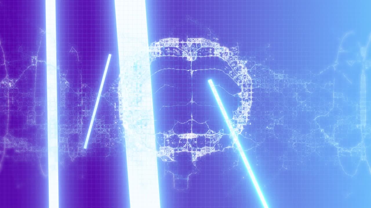 Animation of brain and waves rotating on violet background with neon lights