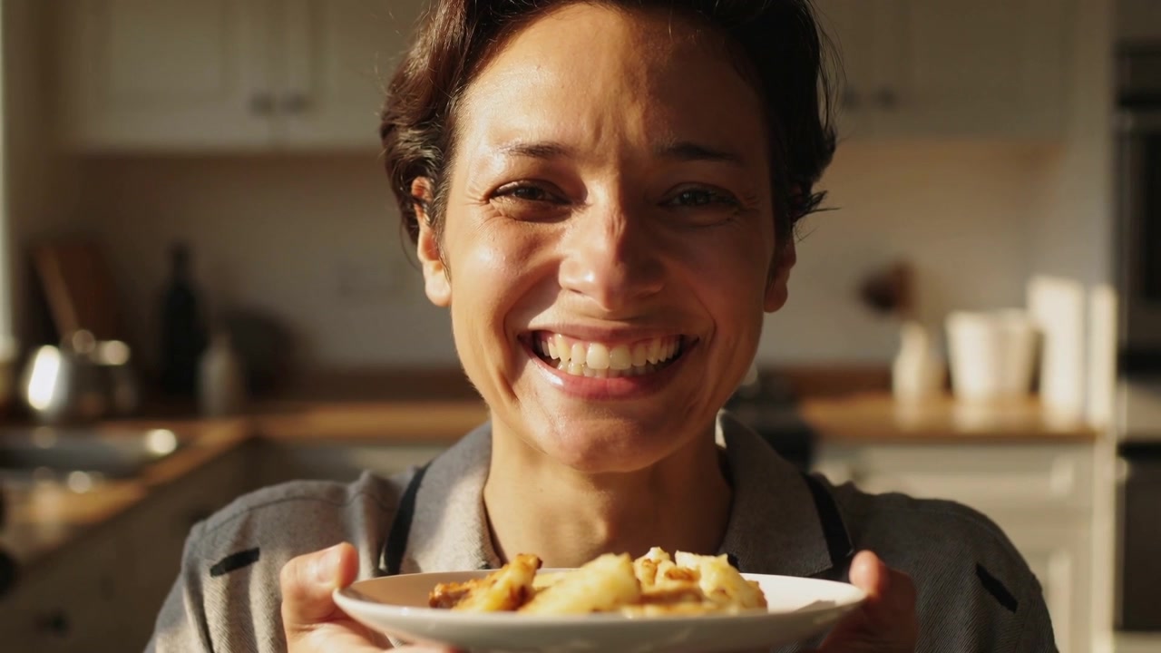 Offering smiling woman bringing plate of pastries to camera in kitchen wearing apron, camera focus