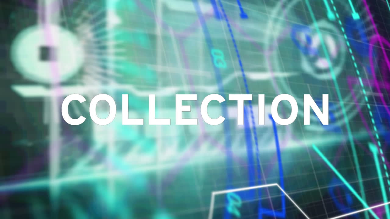 animación de una nueva colección en texto blanco y a color sobre datos de procesamiento de escáner brillantes