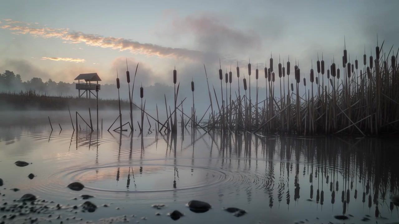 Rippling dense cattail reeds reacting to water ripple forming at marsh shore with spreading rings