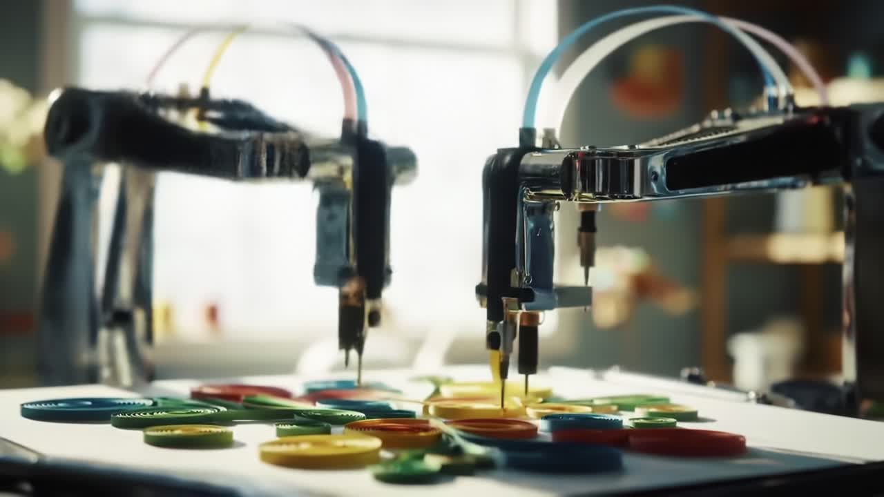 Num ambiente de trabalho dinâmico, dois braços robóticos de alta tecnologia manobram habilmente sobre uma variedade colorida de componentes circulares, exibindo precisão e inovação no design automatizado.