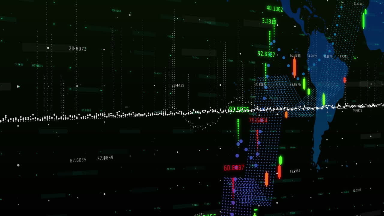 animación del procesamiento de datos financieros sobre el mapa del mundo