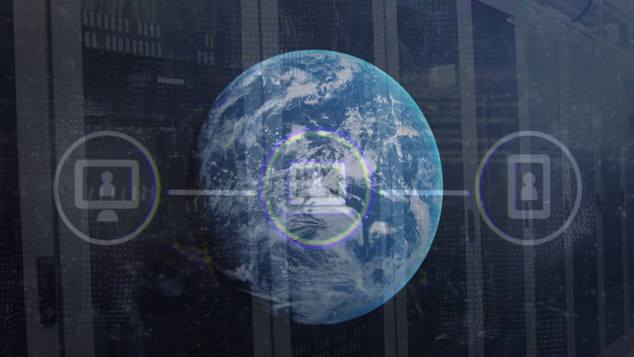 Animation of phone, laptop, computer icons in flowchart and globe over data server racks