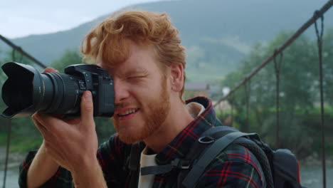 traveling tourist photographing nature portrait. blogger taking photos outside.