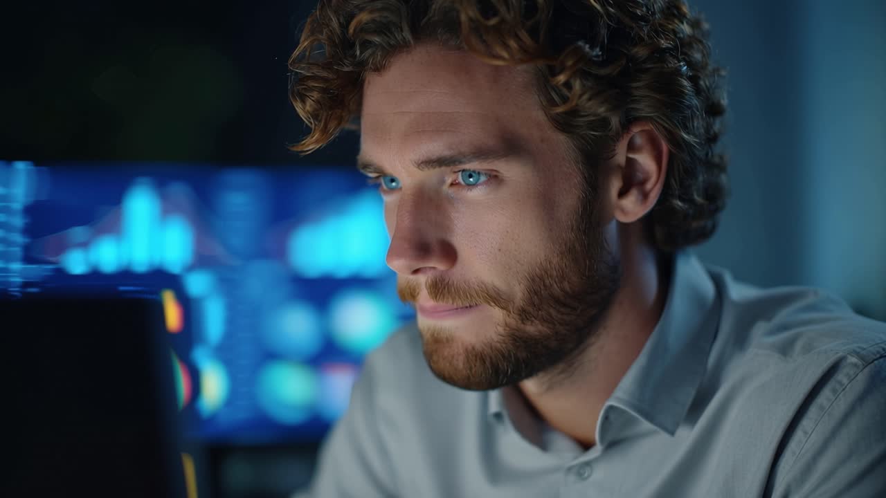 Focused Male Professional Analyzing Data on Screen at Night, with Graphs and Charts Illuminating His Determined Expression in a Modern Workspace