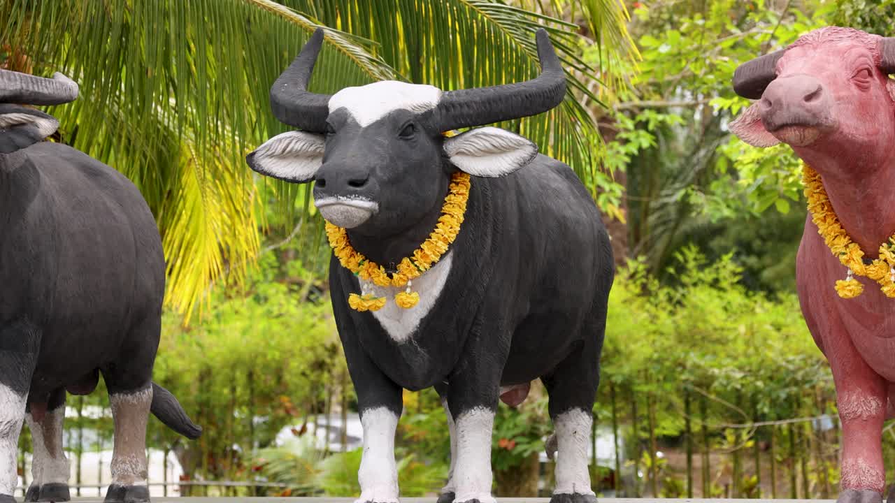 Buffalo and cow statues adorned with garlands in a lush garden setting, captured with vibrant lighting and static camera angles