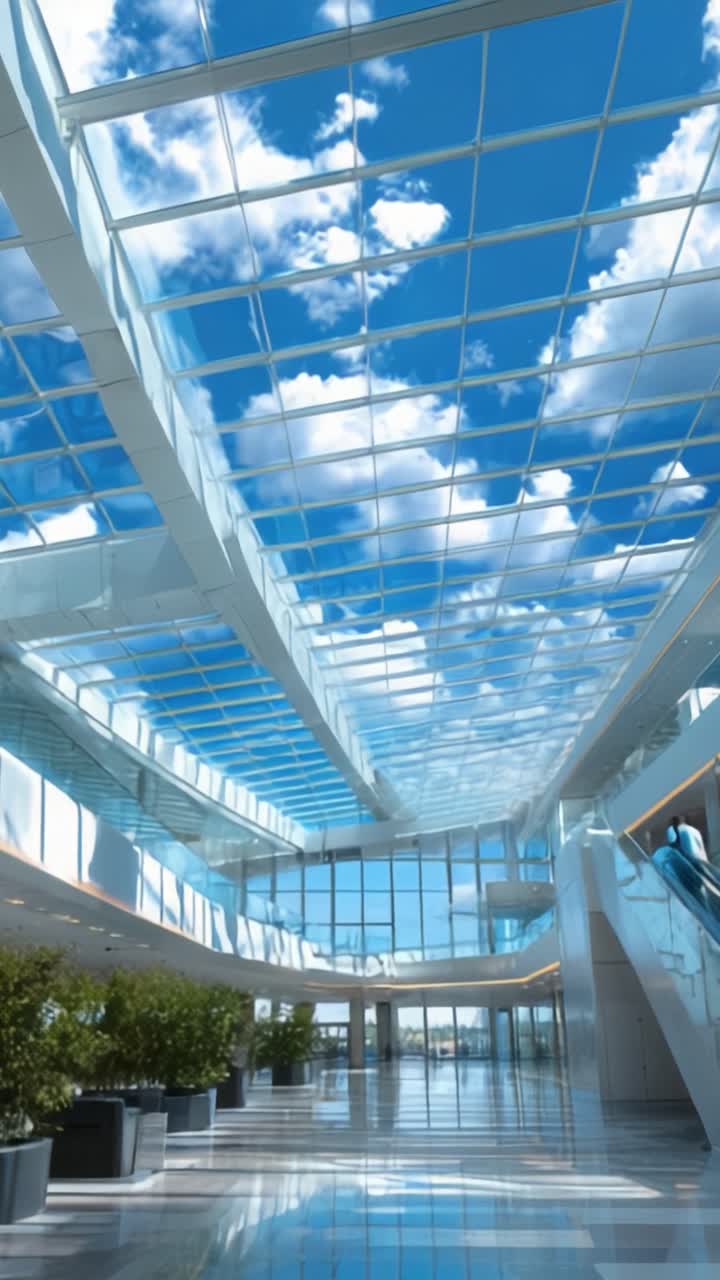 A arquitetura moderna, com telhados de vidro expansivos e espaços amplos e luminosos, cria uma atmosfera serena preenchida com luz natural e belas vistas de nuvens.