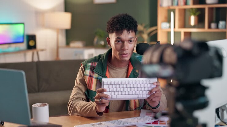 Hombre revisando un teclado en un estudio casero.