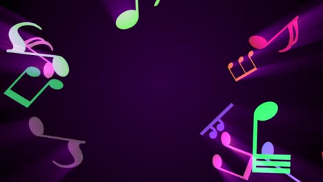 abstract background loop with notes, clefs and other musical staff symbols flying in colorful light rays for your intro, concert, show, portfolio, screen saver, awards, party, musical note symbols