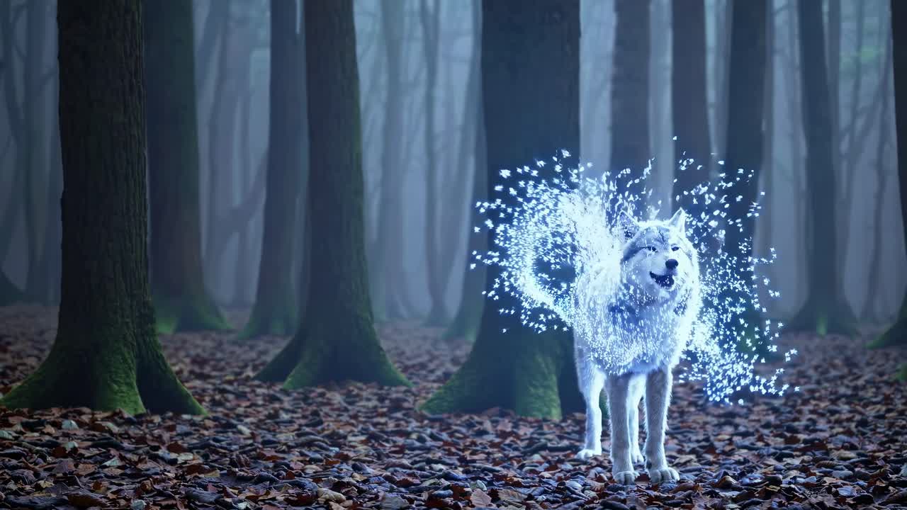 Mystisk ulv i en tåkete skog