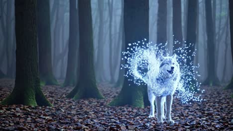 mystical wolf in a foggy forest