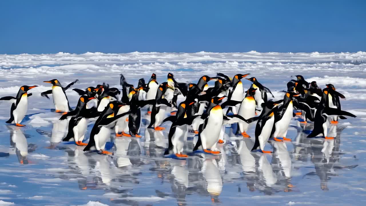 Group of penguins engaging in synchronized movement across icy landscape, showcasing dynamic interaction and playful behavior in a vibrant, reflective environment