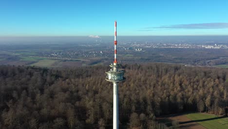 drone video of the radio tower near ettlingen in germany with view of karlsruhe and the rhine valley