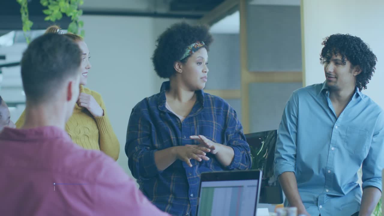 Animation of data processing over diverse business people in office