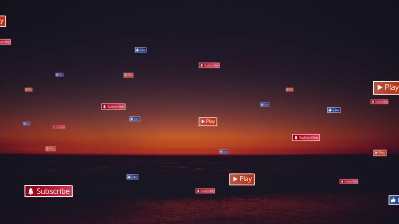 Orizzonte al tramonto che rimane calmo mentre piccole icone UI appaiono, si raggruppano, svaniscono, mostrando coinvolgimento.