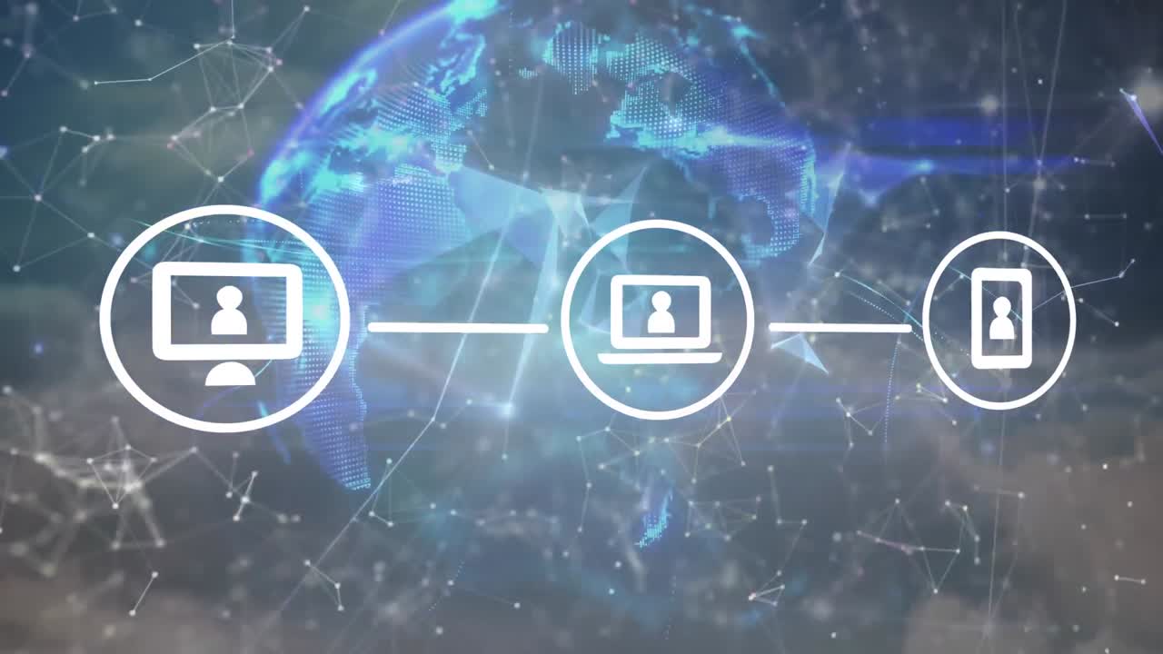 animación de la red de conexiones con iconos y globo sobre el cielo