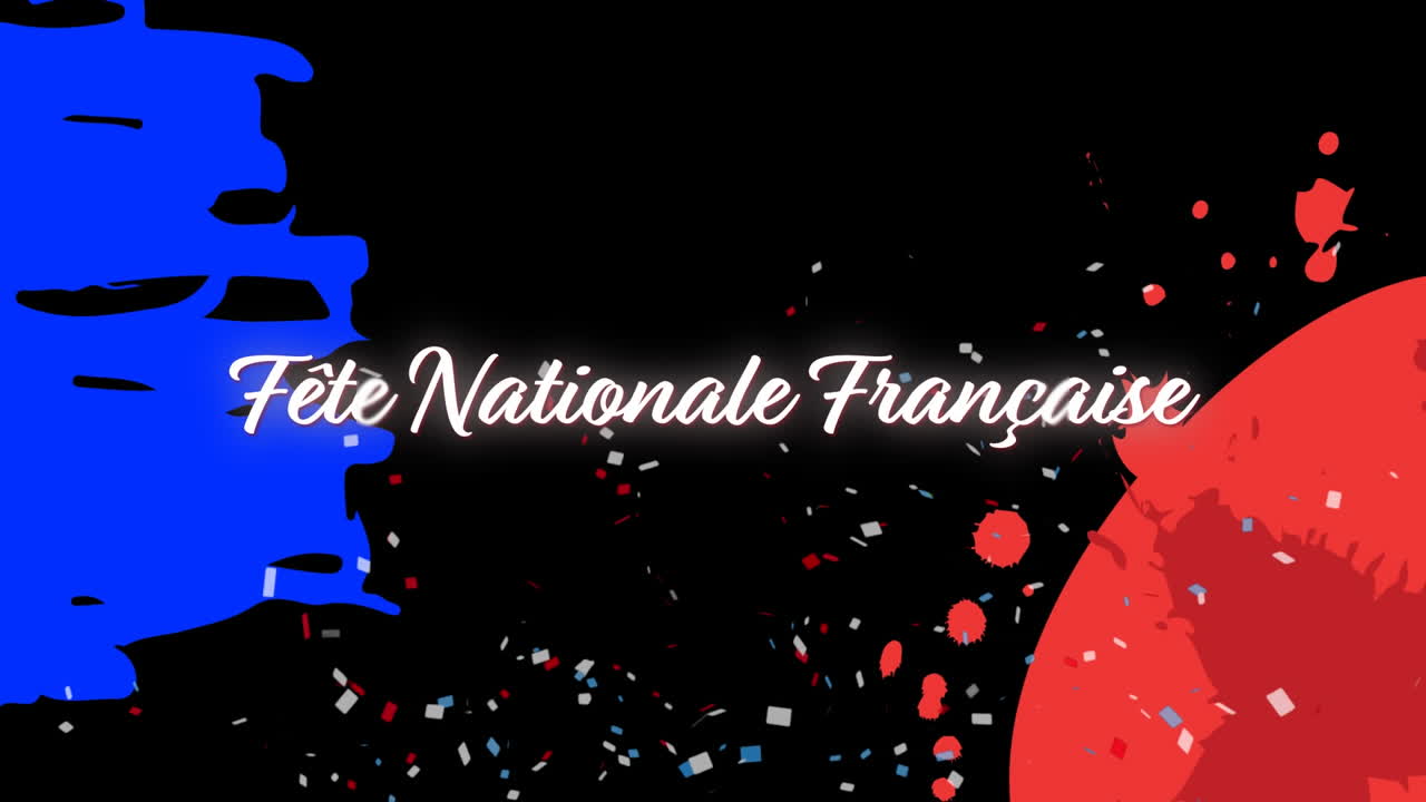 흑색 바탕에 프랑스 발과 콘페티가 그려진 fête nationale française의 애니메이션