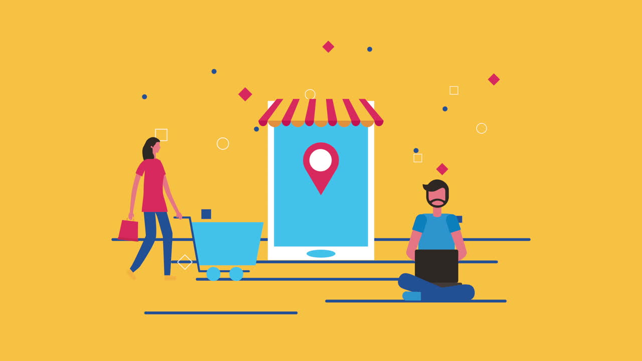 pareja de clientes que utilizan el marketing multimedia de portátiles y teléfonos inteligentes