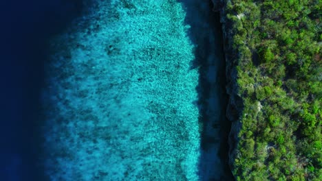 Ondas-De-Agua-Brillantes-Y-Sombra-De-La-Costa-Verde-Del-Acantilado-De-Curacao,-Elevación-Aérea