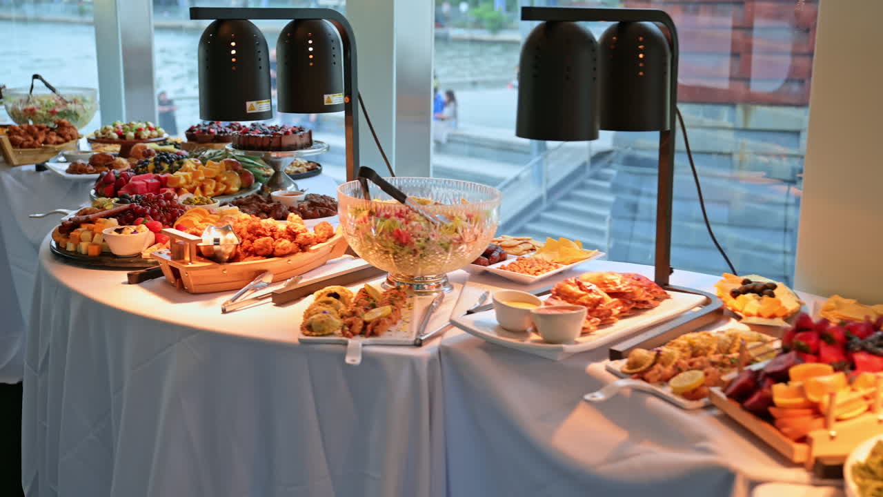 Hot dog, frutta e snack sul tavolo a buffet della nave. Buffet colorato con hot dog, frutta e antipasti su una nave da crociera