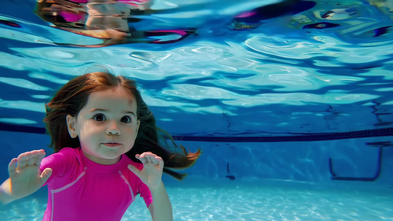 Young Girl Swimming Playfully Underwater in a Bright Blue Pool