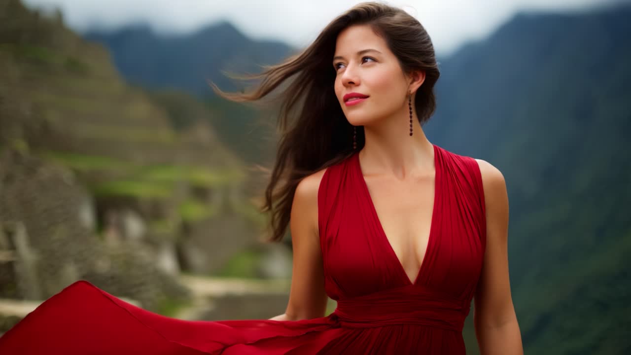 A Beautiful Woman in a Red Dress Poses Gracefully Against a Scenic Mountain Background, Capturing the Essence of Elegance and Natural Beauty