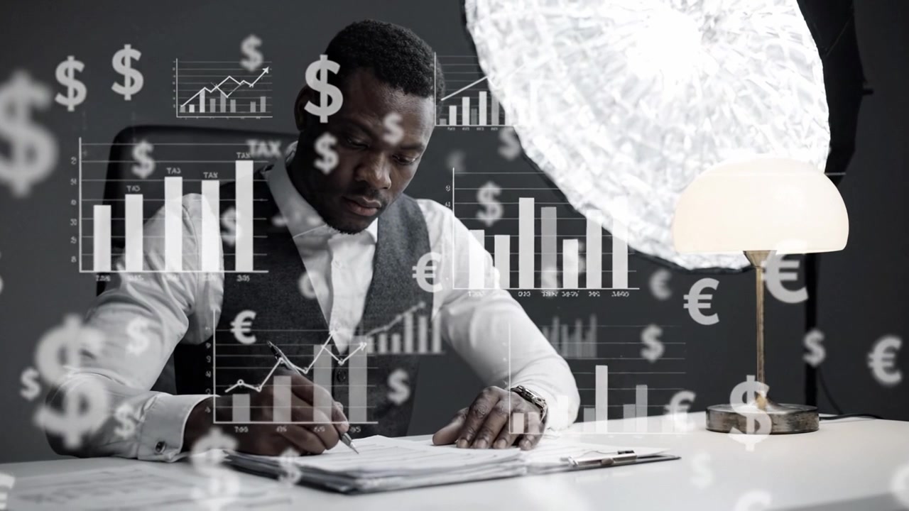 Een gefocuste professional bezig met gedetailleerde financiële documentatie, omringd door analytische grafieken, wat het belang van zorgvuldige planning bij zakelijke beslissingen illustreert.