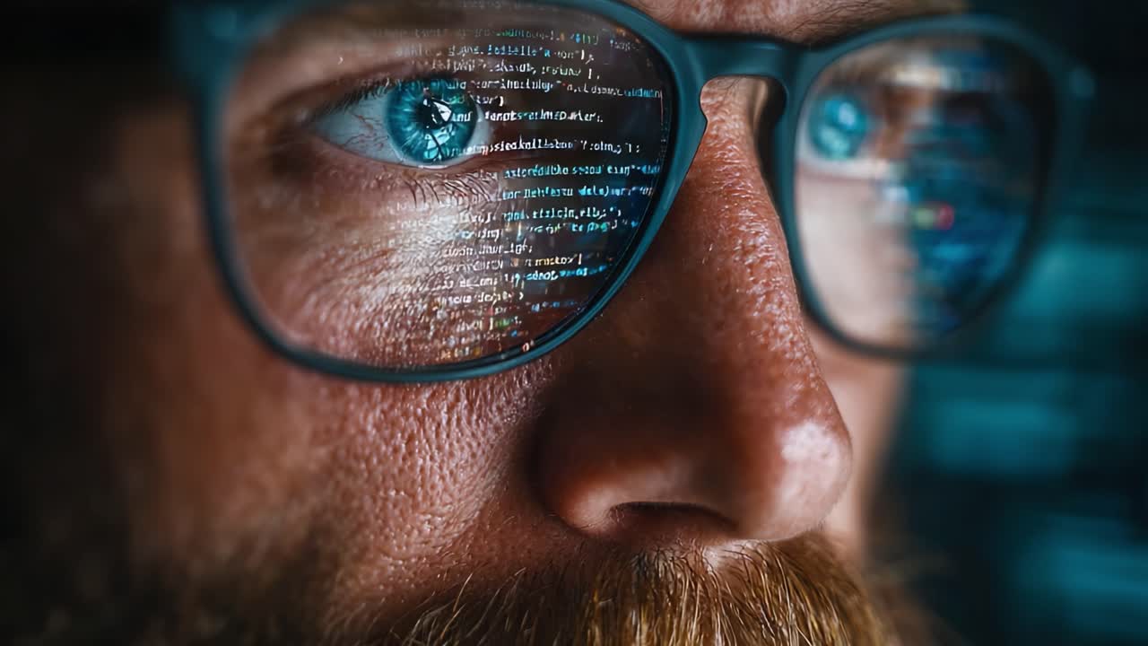 Intense Focus: A Close-Up on a Programmer's Eyes Captured Through Glasses Reflecting Lines of Code in a High-Tech Environment