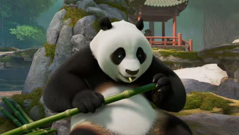 panda eating bamboo in a peaceful garden setting