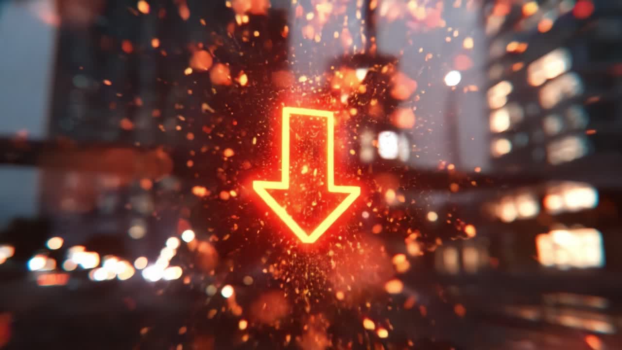 A Captivating Visual Display Featuring a Striking Red Downward Arrow Surrounded by Dynamic Particles in an Urban Setting, Perfectly Combining Energy and Motion for an Impactful Impression